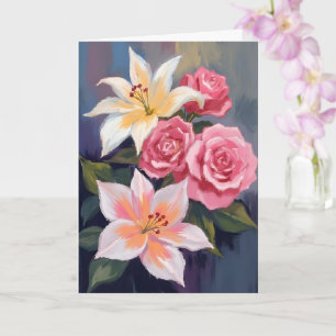 Carte Bouquet de roses roses et lis blancs floral aquare