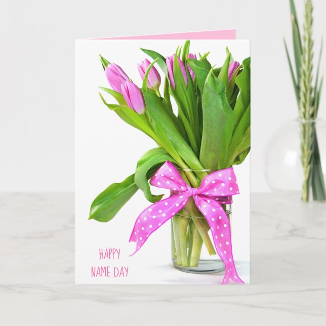 Carte bouquet de tulipe rose avec archet pour le jour du (Devant)