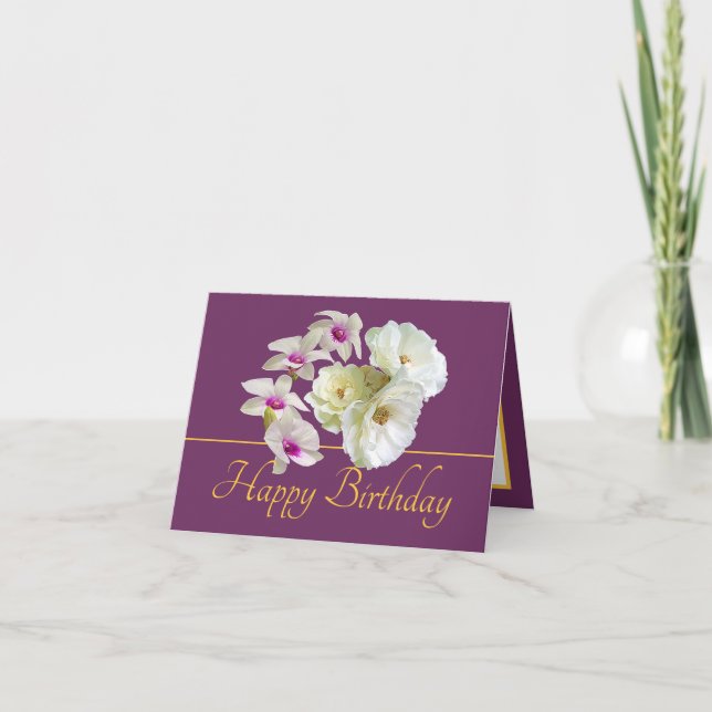 Carte Bouquet d'or violet Orchidées Roses Joyeux anniver (Devant)