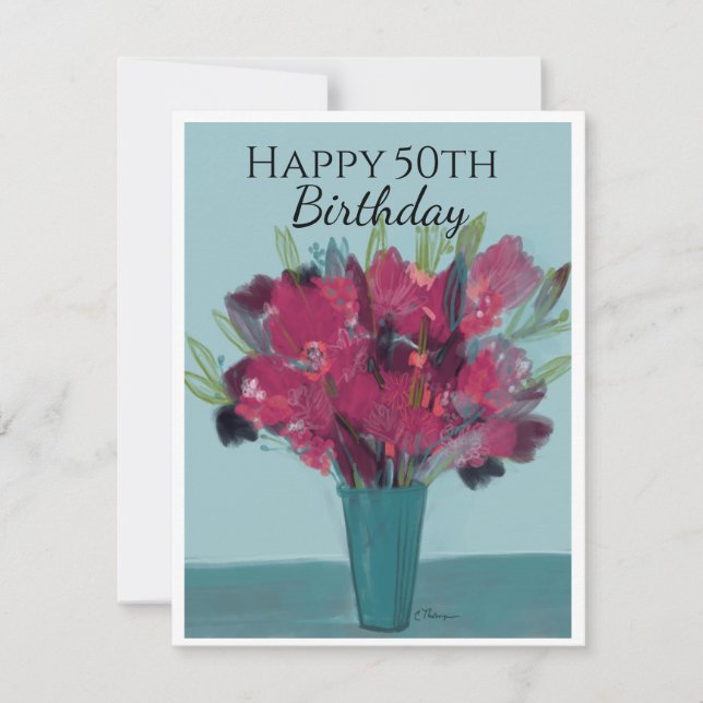 Carte Bouquet floral en Turquoise & Rose Joyeux 50e anni (Devant)