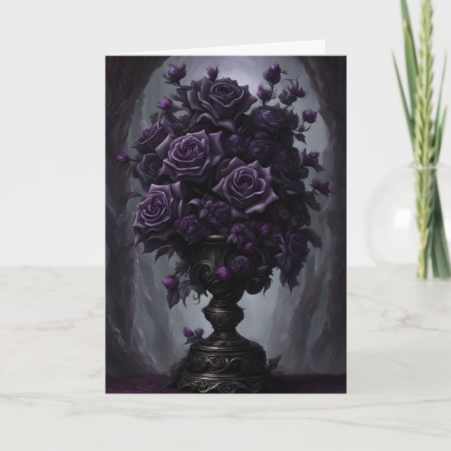 Carte Bouquet gothique noir et violet rose Anniversaire (Devant)