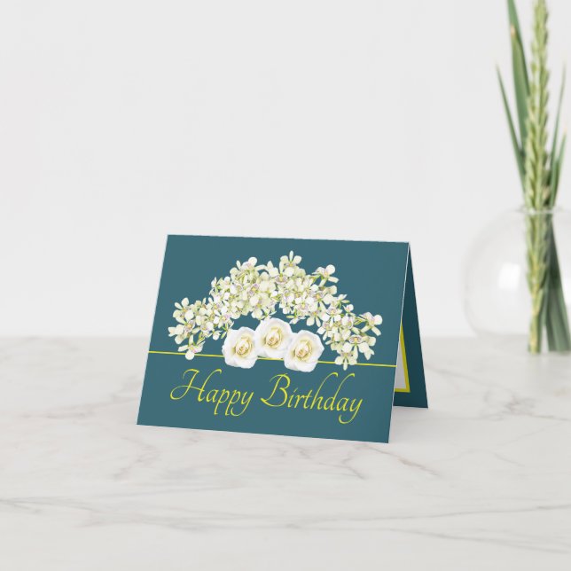 Carte Bouquet jaune vert Orchidées Roses Joyeux annivers (Devant)