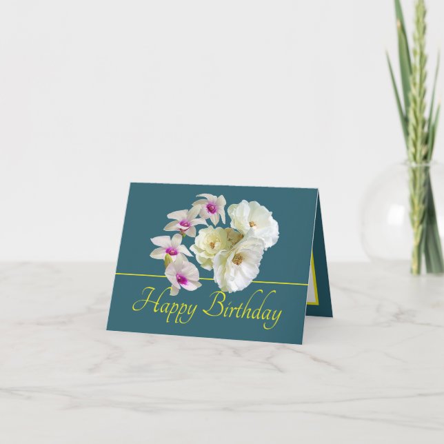 Carte Bouquet jaune vert Roses blanches Orchidées Annive (Devant)