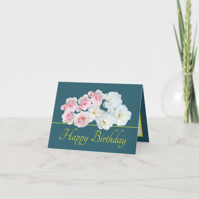 Carte Bouquet jaune vert Roses rose blanche Anniversaire (Devant)