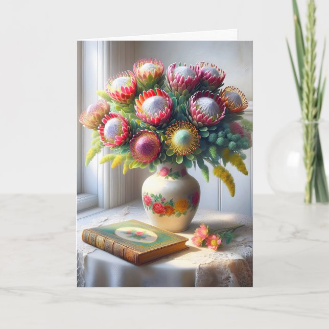 Carte Bouquet Pincushion Protea Avec Ancien Livre (Devant)