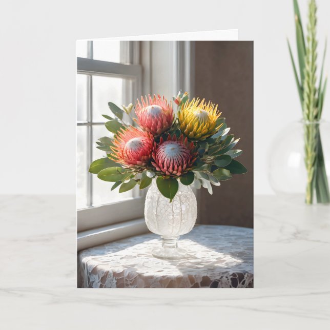 Carte Bouquet Protea Anniversaire Sur dentelle (Devant)