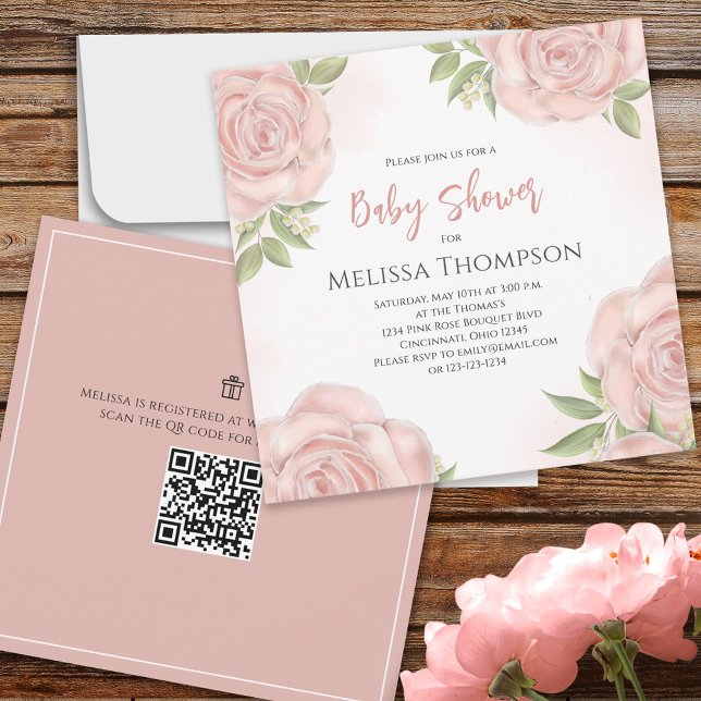 Carte Bouquet rose rose jolie botanique bébé rose QR Cod (Créateur téléchargé)
