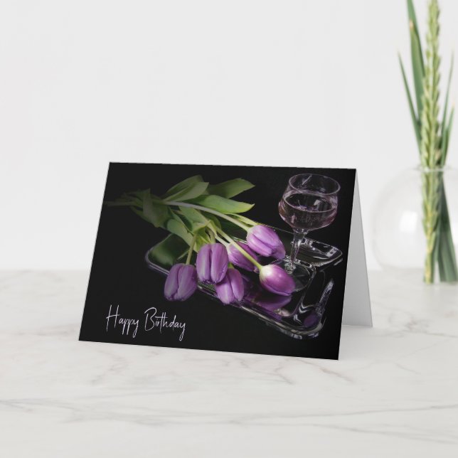 Carte Bouquet Tulip Anniversaire et verre à vin (Devant)