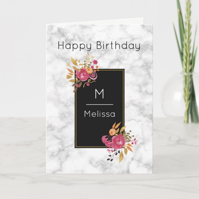 Carte Bouquets de coin rose floral sur cadre noir (Devant)