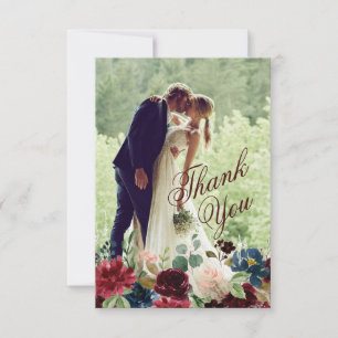 Carte Bourgogne et bleu Mariage Fleurs Anglaises Merci