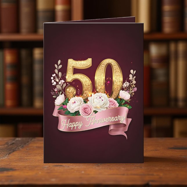 Carte Bourgogne et Rose Floral 50 Anniversaire Mariage (Créateur téléchargé)