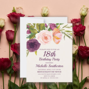 Carte Bourgogne violet bleu rose floral 18e anniversaire