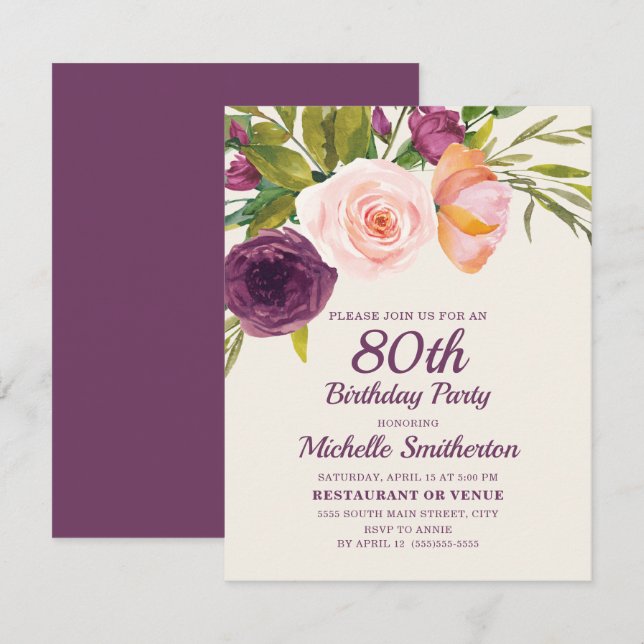 Carte Bourgogne violet bleu rose floral 80e anniversaire (Devant / Derrière)