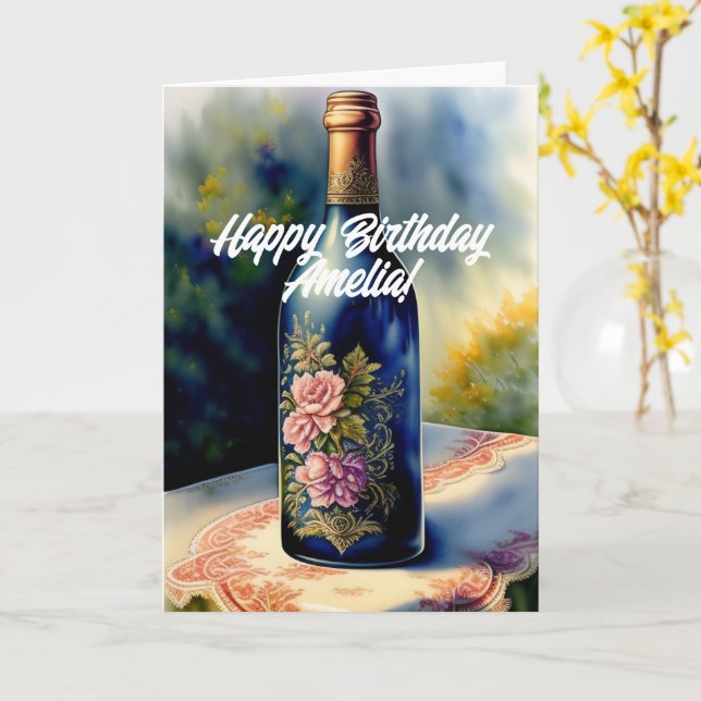 Carte Bouteille à vin de fleurs Anniversaire (Fleur jaune)