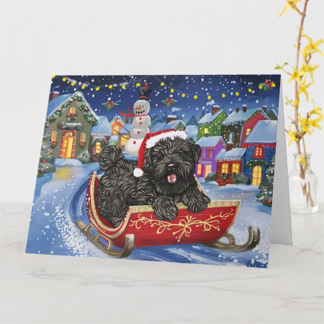 Carte Bouviers Des Flandres Chien à Sleigh Neige Noël (Fleur jaune)