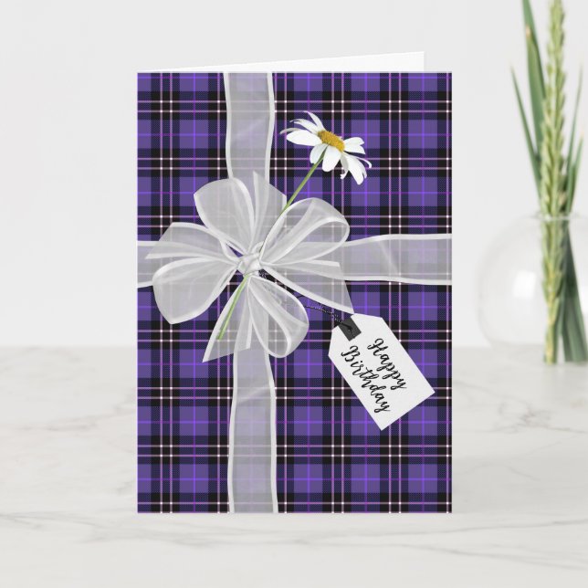 Carte Bow d'anniversaire avec marguerite sur Tartan Plai (Devant)