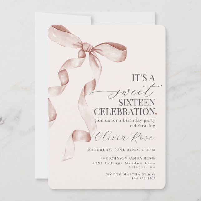 Carte Bow Sweet sixteen Beige Anniversaire Fête Invitati (Devant)