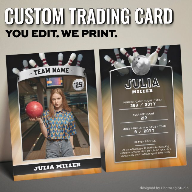 Carte Bowling personnalisée, Carte Bowler moderne (Custom Bowling Trading Card, Modern Bowler Card Silver )