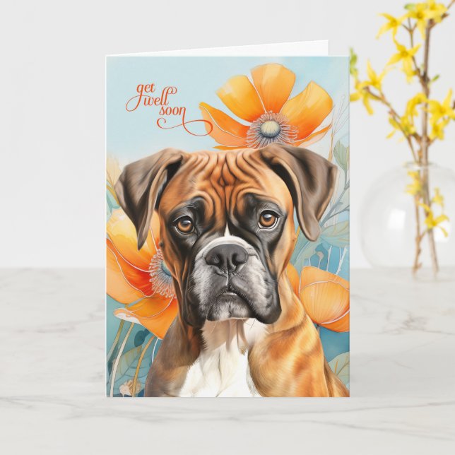 Carte Boxer Dog Bold Orange Poppy Flowers Get Well (Fleur jaune)