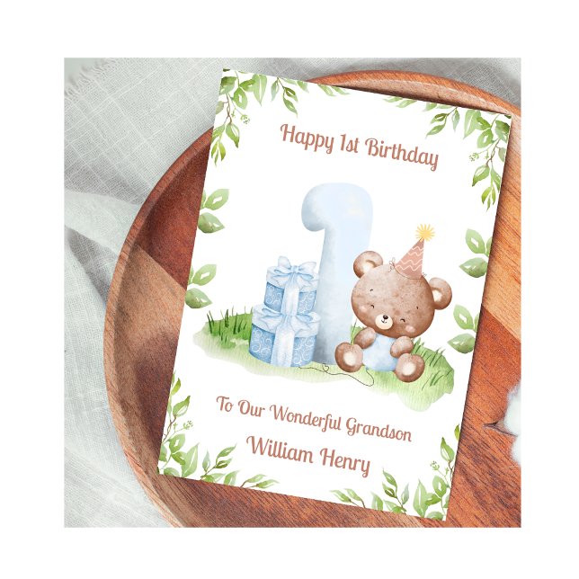 Carte Boy 1st Birthday Greenery Teddy Bear Card (Créateur téléchargé)
