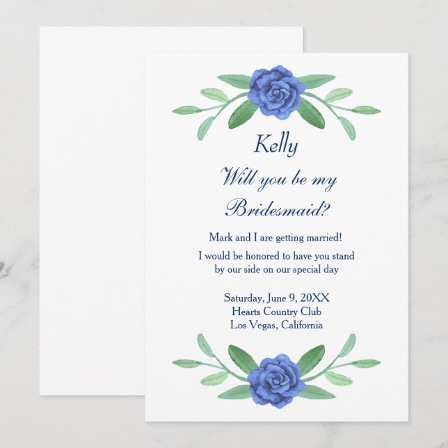 Carte Bridesmaid Blue Floral Greenery Foliage (Devant / Derrière)