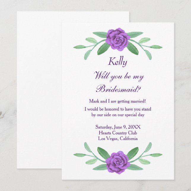 Carte Bridesmaid Foliage Floral Violet (Devant / Derrière)