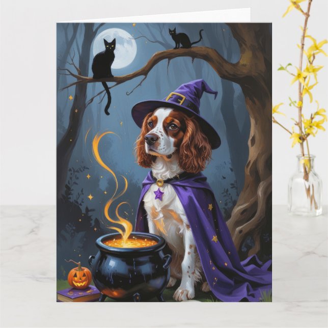 Carte Brittany Spaniel Chien Whimsical Halloween Peintur (Fleur jaune)