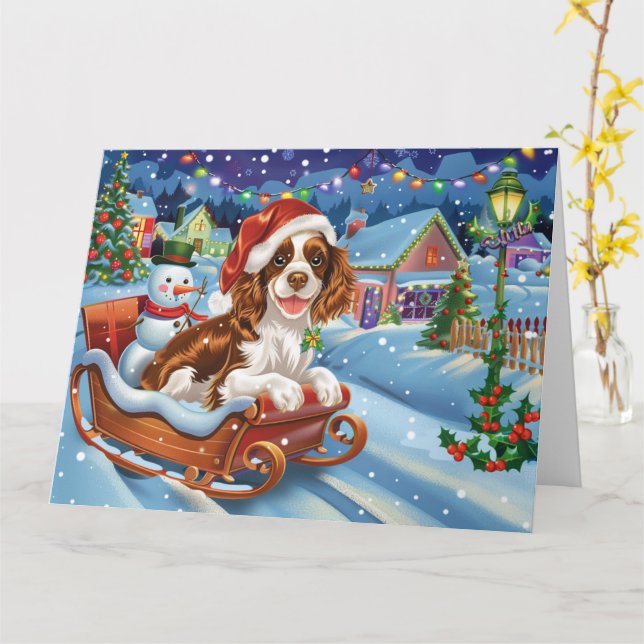 Carte Brittany Spaniel Dog à Sleigh Neige Noël (Fleur jaune)