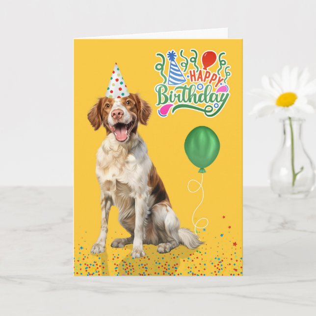 Carte Brittany Spaniel Dog Party Hat Yellow Birthday (Petite plante)
