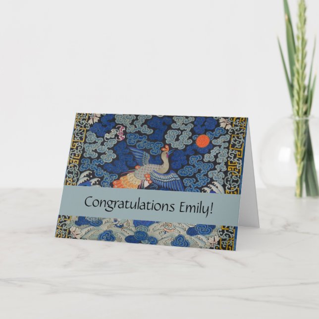 Carte Broderie chinoise bleu d'oiseau Vintage (Devant)