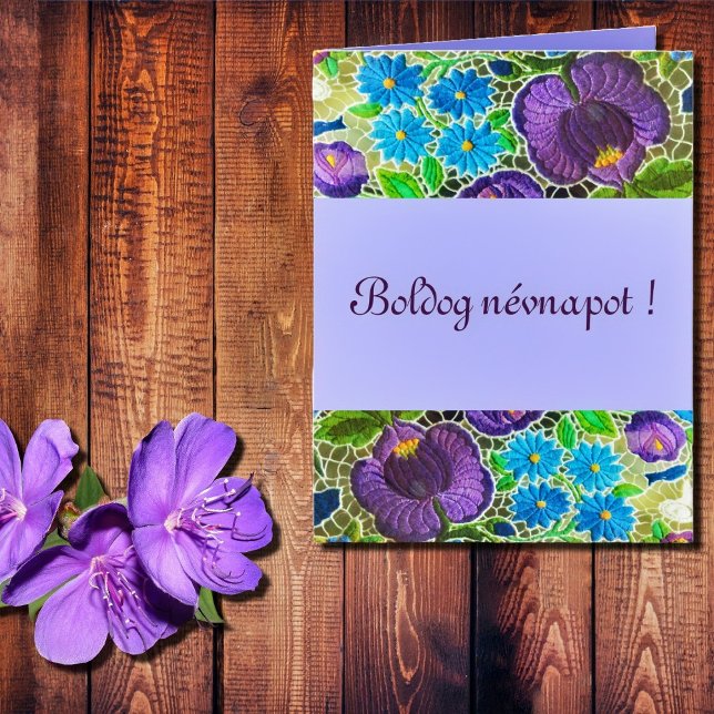 Carte Broderie pourpre - bleu hongrois - jour du nom (Créateur téléchargé)