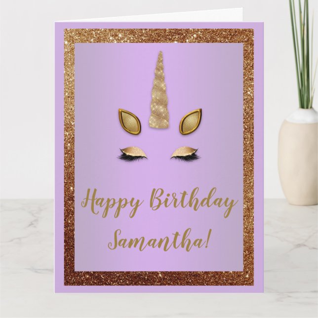 Carte Bronze Glitter and Purple Gold Unicorn Birthday (Devant)