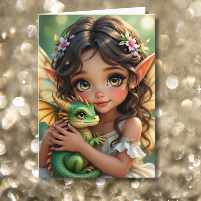 Carte Brown Eyed Elven Fairy and Dragon Birthday (Créateur téléchargé)