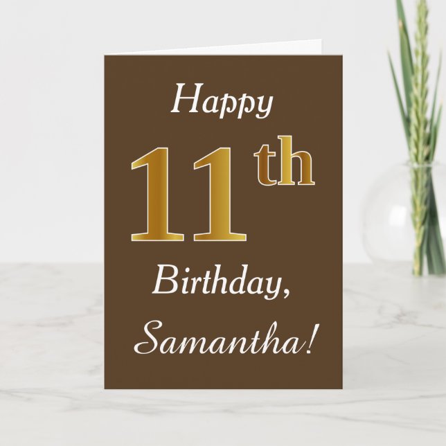 Carte Brown, Faux Gold 11e anniversaire + Nom personnali (Devant)
