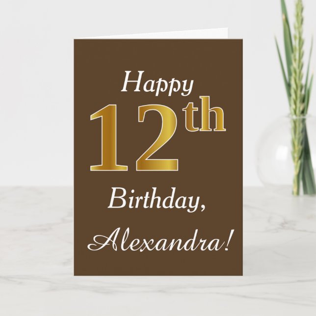 Carte Brown, Faux Gold 12e anniversaire + Nom personnali (Devant)