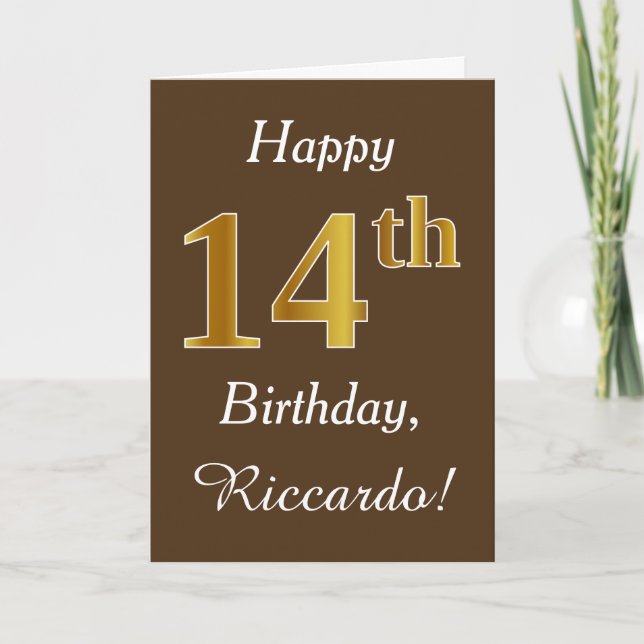 Carte Brown, Faux Gold 14e anniversaire + Nom personnali (Devant)
