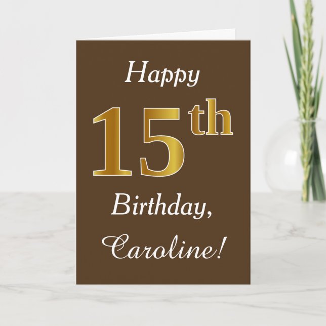 Carte Brown, Faux Gold 15e anniversaire + Nom personnali (Devant)