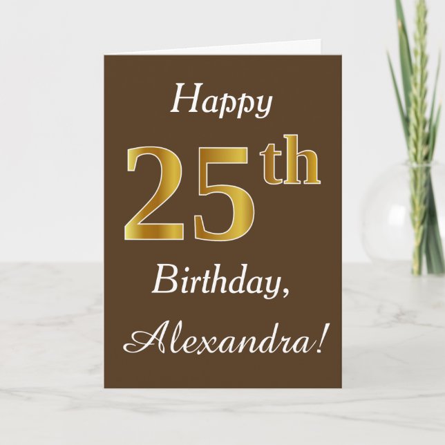 Carte Brown, Faux Gold 25e anniversaire + Nom personnali (Devant)