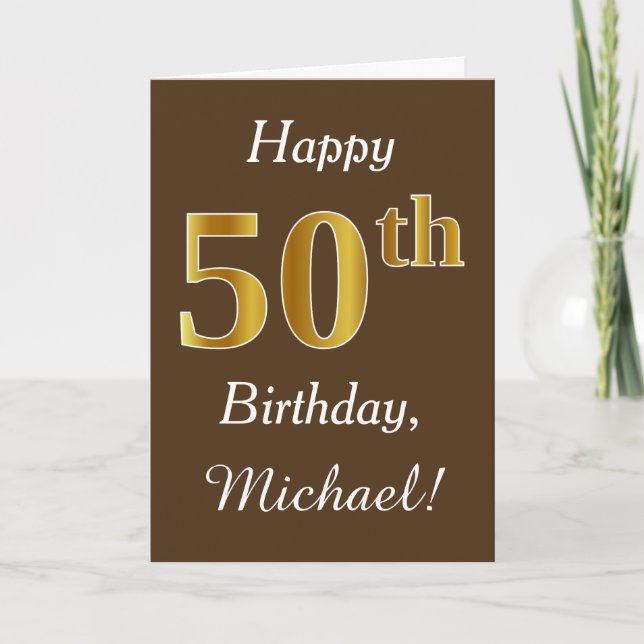 Carte Brown, Faux Gold 50e anniversaire + Nom personnali (Devant)