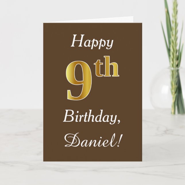 Carte Brown, Faux Gold 9e anniversaire + Nom personnalis (Devant)