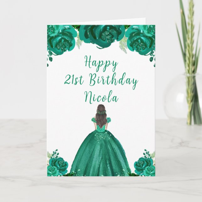 Carte Brown Hair Princess Green Floral fête d'anniversai (Devant)