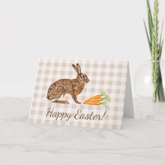 Carte Brown Hare And Carrots Beige Gingham Happy Easter (Devant)