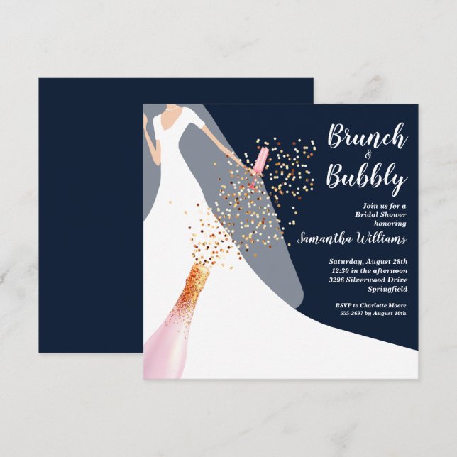 Carte Brunch Bubbly habiller Marine nuptiale douche Invi (Devant / Derrière)