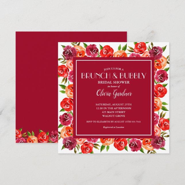 Carte Brunch et Bubbly Aquarelle Fête des mariées floral (Devant / Derrière)