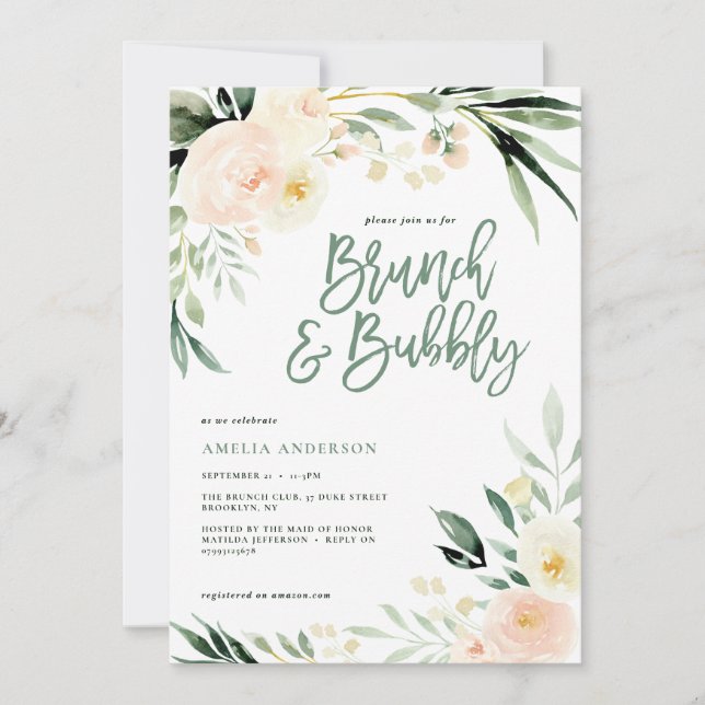 Carte Brunch & mousseux vert et pêche aquarelle floral (Devant)