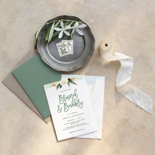 Carte Brunch & mousseux vert et pêche aquarelle floral (Créateur téléchargé)