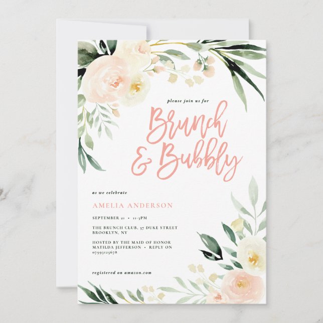 Carte Brunch & mousseux vert et pêche aquarelle floral (Devant)