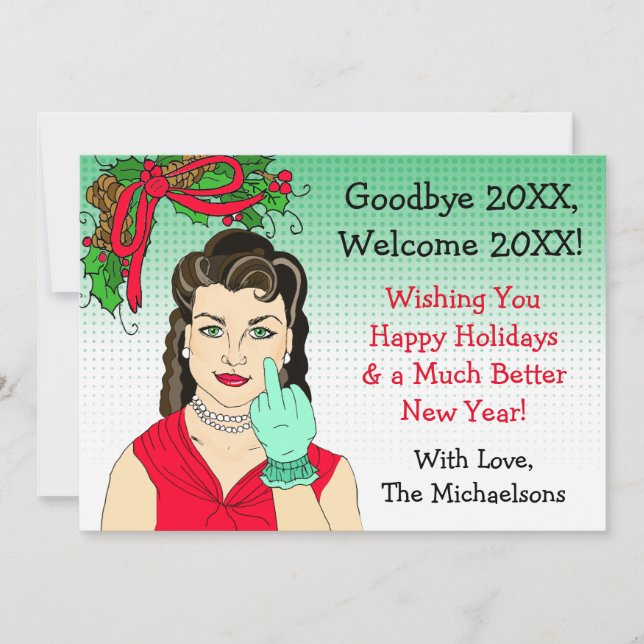 Carte Brunette Retro Lady Flipping Bird Christmas (Devant)