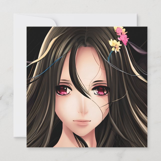 Carte Brunette Rose Eyed Anime Girl Cartoon (Devant)
