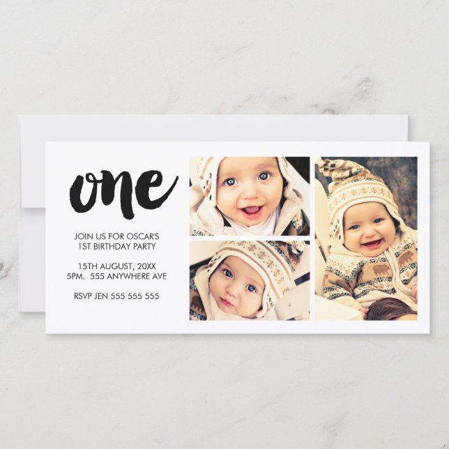 Carte Brush Letting 1ST Anniversaire Blanc 3 image cadre (Devant)